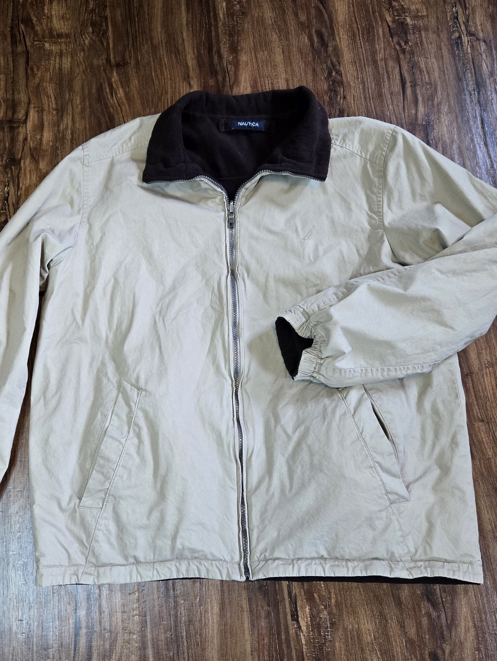 Vintage Nautica Men's Beige And Brown Zip-Front Reversable Cotton Fleece Jacket